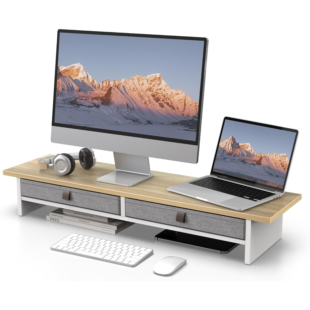 image:imageFenge Monitor Stand with Drawer 2 Tiers Dual Monitor Riser for Desk 35 Inch Computer Stand for 2 Monitors Desk Shelf for Home Office Laptop PC TV PrinterOak