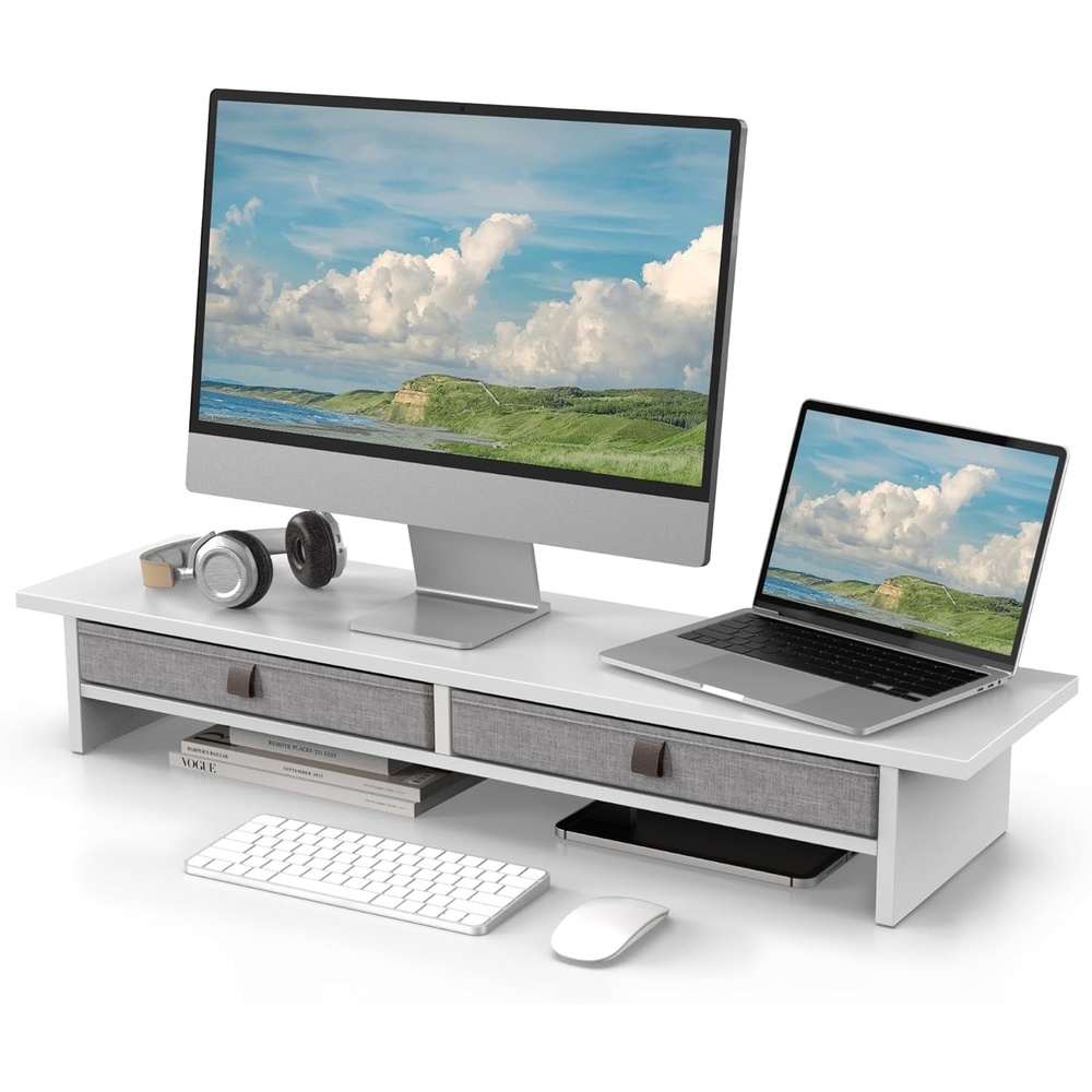 image:imageFenge Monitor Stand with Drawer 2 Tiers Dual Monitor Riser for Desk 35 Inch Computer Stand for 2 Monitors Desk Shelf for Home Office Laptop PC TV PrinterWhite