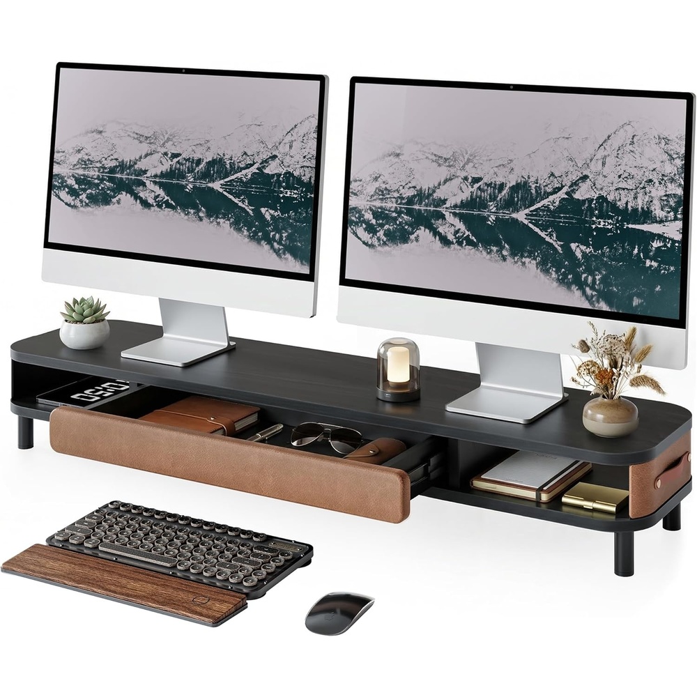 image:imageFenge Monitor Stand with Large Drawer 425 Inch Dual Monitor Riser for 2 Monitors Ergonomic Computer Desk Shelf with Soft Touch Leather amp Storage Organizer for Laptop Computer TV PC PrintersBlack