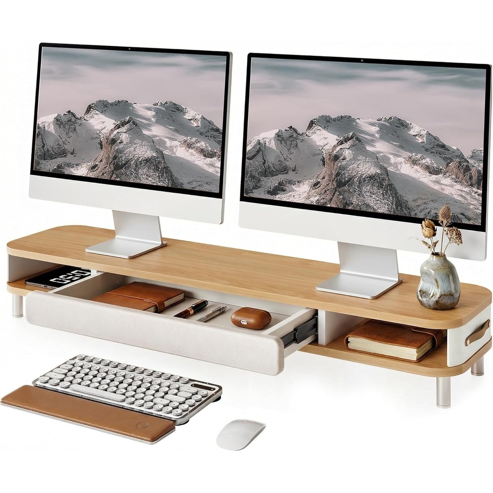 image:imageFenge Monitor Stand with Large Drawer 425 Inch Dual Monitor Riser for 2 Monitors Ergonomic Computer Desk Shelf with Soft Touch Leather amp Storage Organizer for Laptop Computer TV PC PrintersOak