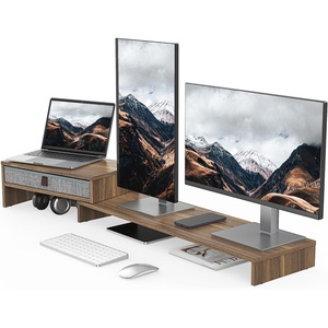 image:imageFenge Computer Monitor Riser Stand with Drawer for 2 or 3 Monitors Adjustable Length and Angle Desktop Laptop StandOffice OrganizerPrinterBlackBrown