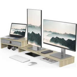 image:imageFenge Computer Monitor Riser Stand with Drawer for 2 or 3 Monitors Adjustable Length and Angle Desktop Laptop StandOffice OrganizerPrinterBlackOak