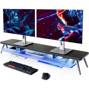 image:imageFenge Dual Monitor Stand 2 Tiers Acrylic Monitor Riser with LED Lights 425 Inch Wood and Aluminum Desk Shelf with Phone and Tablet HolderBlack