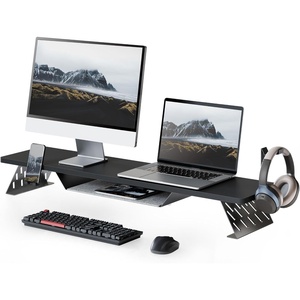 image:imageFenge Dual Monitor Stand 425 Inch Monitor Riser for Desk Wood Desk Shelf for 2 Monitors 2 Tier Monitor Shelf with Headphone Stand amp Phone HolderBlack