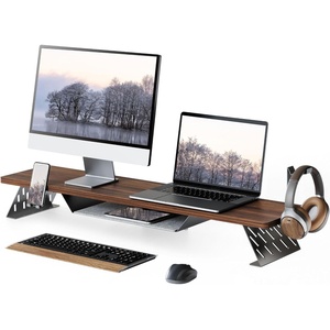 image:imageFenge Dual Monitor Stand 425 Inch Monitor Riser for Desk Wood Desk Shelf for 2 Monitors 2 Tier Monitor Shelf with Headphone Stand amp Phone HolderBrown