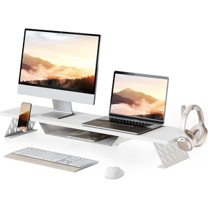 image:imageFenge Dual Monitor Stand 425 Inch Monitor Riser for Desk Wood Desk Shelf for 2 Monitors 2 Tier Monitor Shelf with Headphone Stand amp Phone HolderWhite