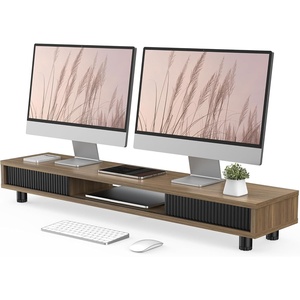 image:imageFenge Dual Monitor Stand 425inch Long Monitor Stands Riser for 2 Monitors Glass Sliding Door with Storage Organizer Stand for Desk 2 Tier Desk Shelf for Laptop Pc Printer Computer TVBrown