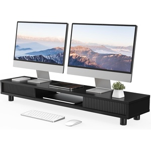 image:imageFenge Dual Monitor Stand 425inch Long Monitor Stands Riser for 2 Monitors Glass Sliding Door with Storage Organizer Stand for Desk 2 Tier Desk Shelf for Laptop Pc Printer Computer TVBlack