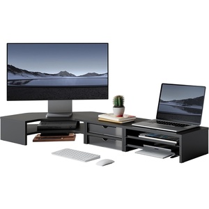 image:imageFenge Dual Monitor Stand Corner Monitor shelf with Drawer and SlideOut Tray 2 Tier Triangle Monitor Riser with Storage Desk Shelf Organizer for Desk Home Office Computer Laptop PrinterBlack