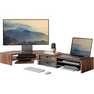 image:imageFenge Dual Monitor Stand Corner Monitor shelf with Drawer and SlideOut Tray 2 Tier Triangle Monitor Riser with Storage Desk Shelf Organizer for Desk Home Office Computer Laptop PrinterBrown