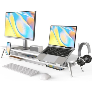 image:imageFenge Dual Monitor Stand Monitor Riser for 2 Monitors with Adjustable Laptop Riser  425 Inch Desk Shelf for Top of Desk with Phone Holderamp Headphone StandWhite