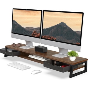 image:imageFenge Dual Monitor Stand Monitor Riser with Drawer 425 Inch Large Computer Monitor Stand for 2 Monitors 2 Tier Wooden Desk Shelf for Top of DeskBrown