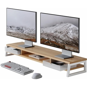 image:imageFenge Dual Monitor Stand Monitor Riser with Drawer 425 Inch Large Computer Monitor Stand for 2 Monitors 2 Tier Wooden Desk Shelf for Top of DeskDark Oak