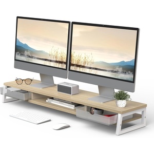 image:imageFenge Dual Monitor Stand Monitor Riser with Drawer 425 Inch Large Computer Monitor Stand for 2 Monitors 2 Tier Wooden Desk Shelf for Top of DeskOak