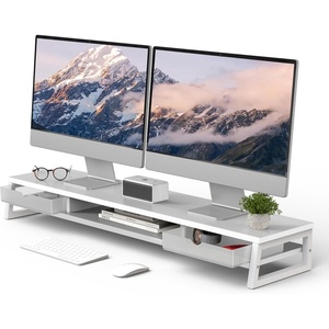 image:imageFenge Dual Monitor Stand Monitor Riser with Drawer 425 Inch Large Computer Monitor Stand for 2 Monitors 2 Tier Wooden Desk Shelf for Top of DeskWhite