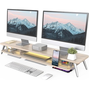 image:imageFenge Dual Monitor Stand Monitor Stands Riser for 2 Monitors 425 Inch Monitor Stands Shelf with 12 Color LED Light for Office DeskOak