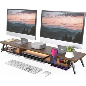 image:imageFenge Dual Monitor Stand Monitor Stands Riser for 2 Monitors 425 Inch Monitor Stands Shelf with 12 Color LED Light for Office DeskWalnut
