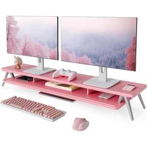 image:imageFenge Dual Monitor Stand Monitor Stands Riser for 2 monitors 425 Inch Wood Desk Shelf with Storage Organizer and Cable Management for Office Desk AccessoriesPink