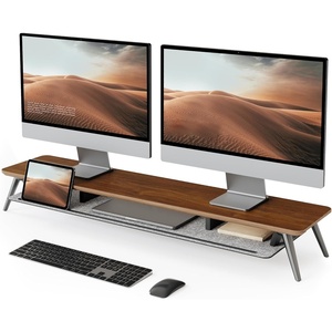 image:imageFenge Dual Monitor Stand MultiLayer Solid Wood Monitor Riser for Desk Monitor Stand with Aluminum MShaped Legs Walnut Desk Shelf with Iron Plate for ComputerBrown