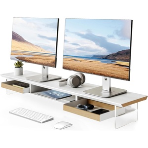 image:imageFenge Dual Monitor Stand with Drawer 425 Inch Large Monitor Riser with Acrylic Legs Supports Computer Stand for Desk 2 Tier Wood Desk Shelf with Storage Organizer for PC Laptop Printer TVWhite