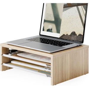 image:imageFenge Monitor Stand 3Tier Monitor Riser with SlideOut Tray Wooden and Metal Desktop Organizer for Home Office Computer Laptop Printer TelephoneOak
