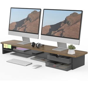 image:imageFenge Monitor Stand Dual Monitor Riser 425inch Large Desk Computer Monitor Stand Riser with Drawer 2 Tier Wood amp Acrylic Desktop Organizer for Computer Laptop Printer TV Screen RiserBrown