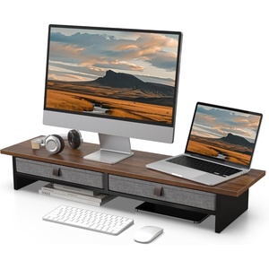 image:imageFenge Monitor Stand with Drawer 2 Tiers Dual Monitor Riser for Desk 35 Inch Computer Stand for 2 Monitors Desk Shelf for Home Office Laptop PC TV PrinterBrown