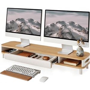image:imageFenge Monitor Stand with Large Drawer 425 Inch Dual Monitor Riser for 2 Monitors Ergonomic Computer Desk Shelf with Soft Touch Leather amp Storage Organizer for Laptop Computer TV PC PrintersOak