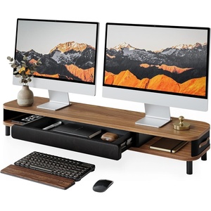 image:imageFenge Monitor Stand with Large Drawer 425 Inch Dual Monitor Riser for 2 Monitors Ergonomic Computer Desk Shelf with Soft Touch Leather amp Storage Organizer for Laptop Computer TV PC PrintersBrown