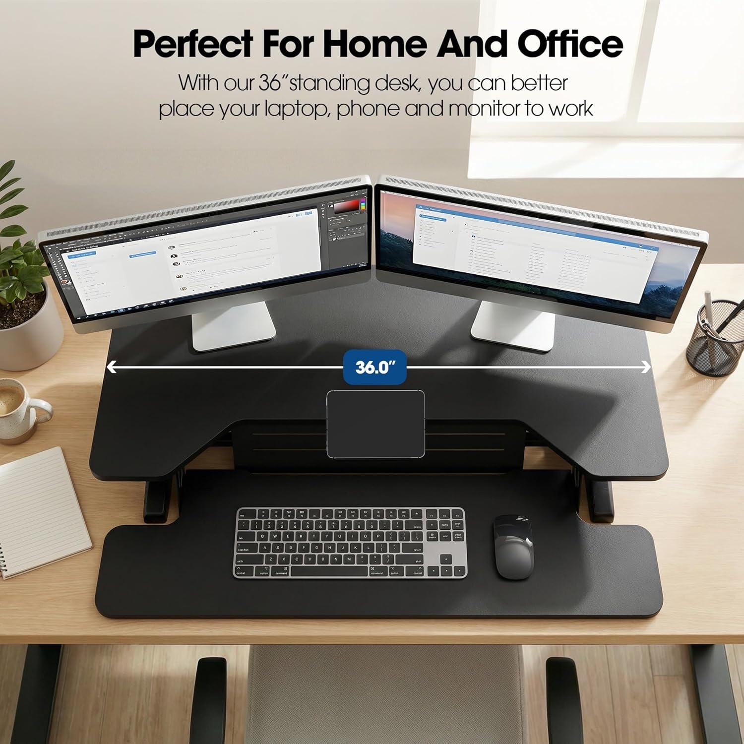 image:imageFITUEYES 36 Inch Standing Desk Converter for Dual Monitors Height Adjustable Sit Stand Up Desk Riser with Device Holder Laptop Sit Riser Workstation for Home Office Black