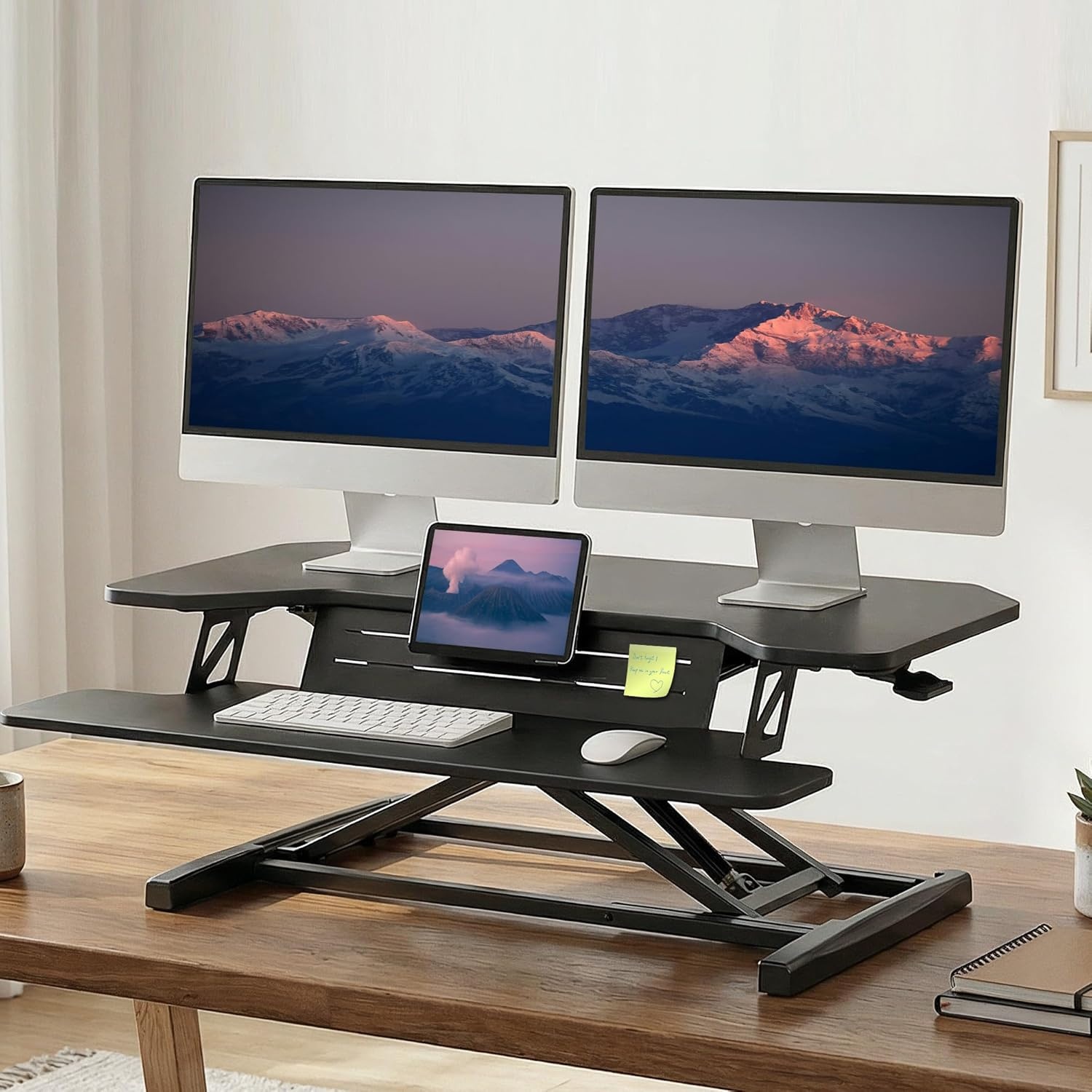 image:imageFITUEYES 36 Inch Standing Desk Converter for Dual Monitors Height Adjustable Sit Stand Up Desk Riser with Device Holder Laptop Sit Riser Workstation for Home Office Black