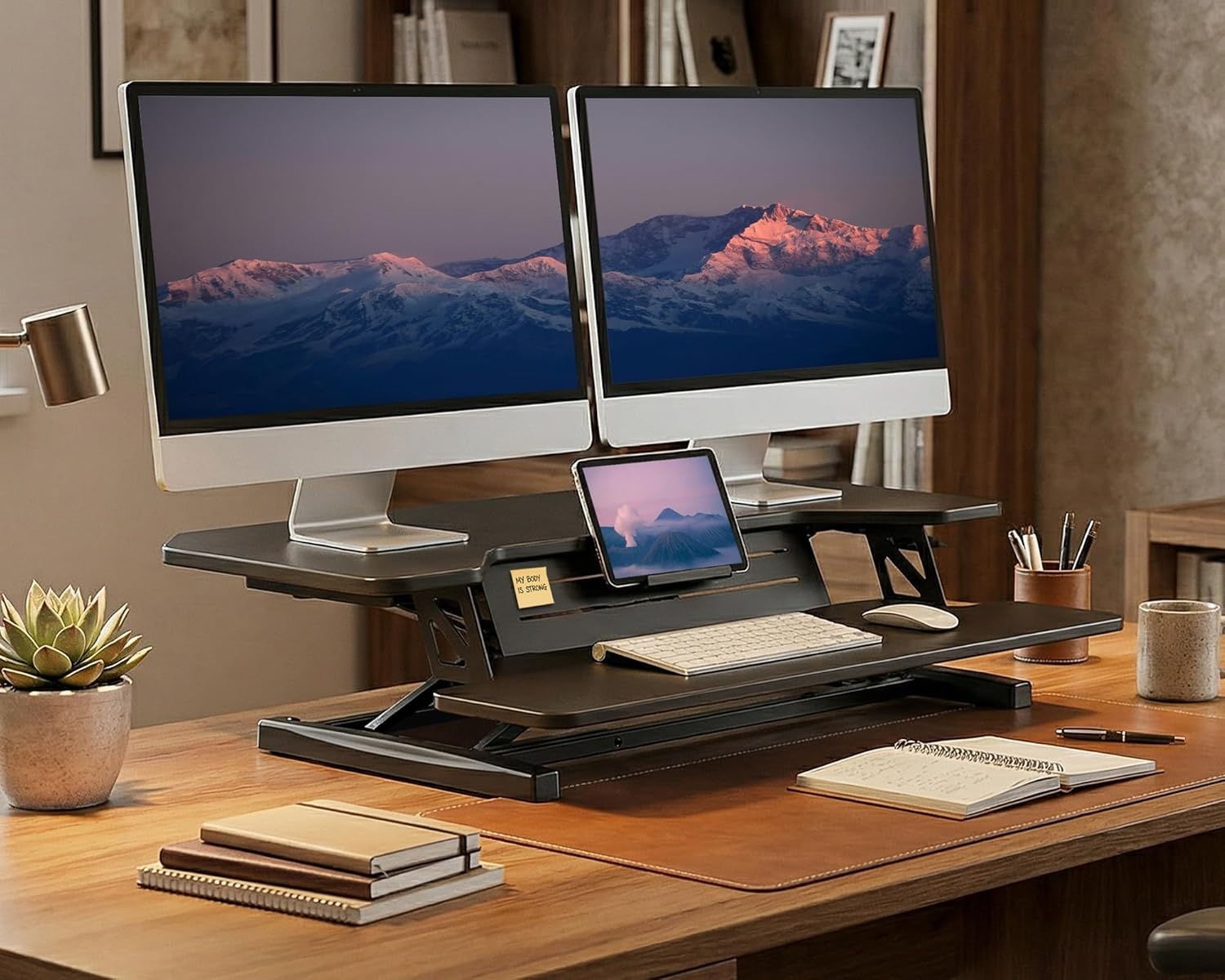 image:imageFITUEYES 36 Inch Standing Desk Converter for Dual Monitors Height Adjustable Sit Stand Up Desk Riser with Device Holder Laptop Sit Riser Workstation for Home Office Black