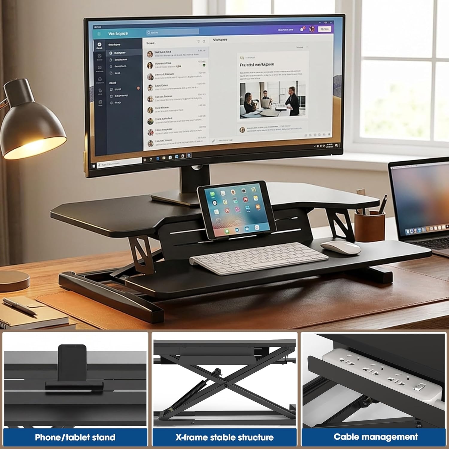 image:imageFITUEYES 36 Inch Standing Desk Converter for Dual Monitors Height Adjustable Sit Stand Up Desk Riser with Device Holder Laptop Sit Riser Workstation for Home Office Black
