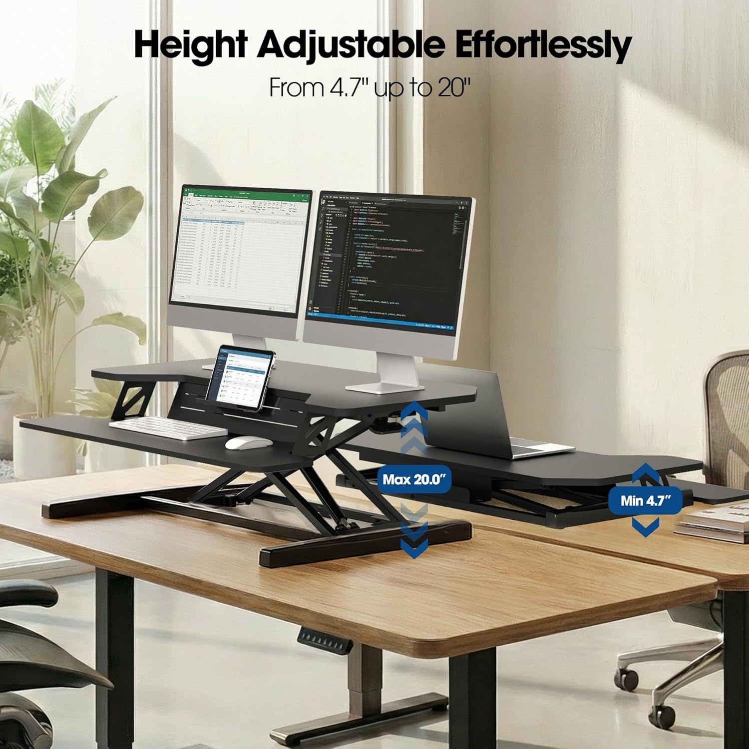 image:imageFITUEYES 36 Inch Standing Desk Converter for Dual Monitors Height Adjustable Sit Stand Up Desk Riser with Device Holder Laptop Sit Riser Workstation for Home Office Black