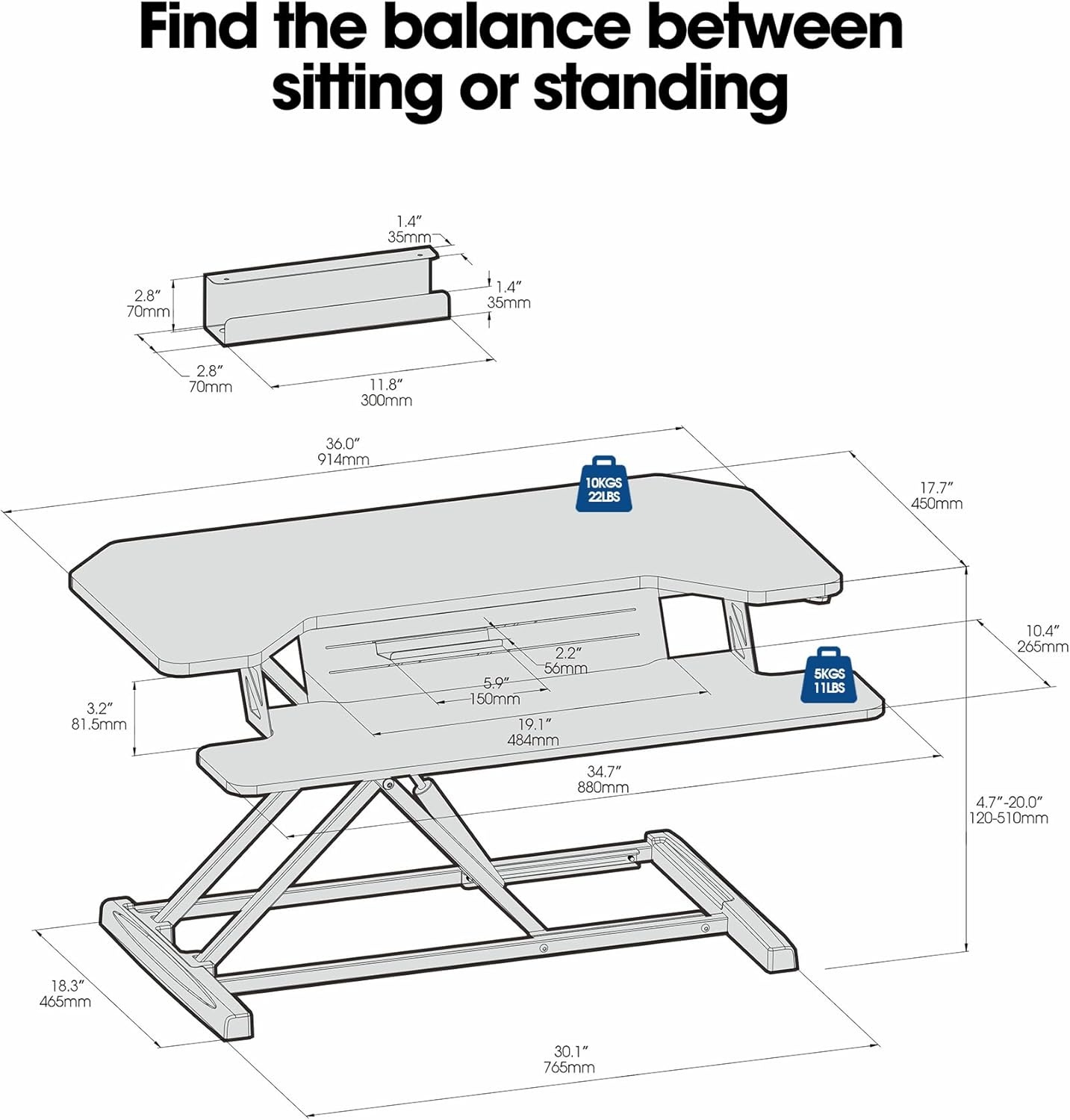 image:imageFITUEYES 36 Inch Standing Desk Converter for Dual Monitors Height Adjustable Sit Stand Up Desk Riser with Device Holder Laptop Sit Riser Workstation for Home Office Black