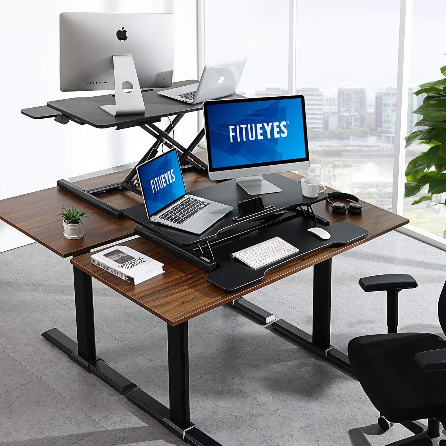 image:imageFITUEYES Height Adjustable Standing Desk 32 Wide Sit to Stand Converter Stand Up Desk Tabletop Workstation for Dual Monitor Riser FSD308001WBBlack