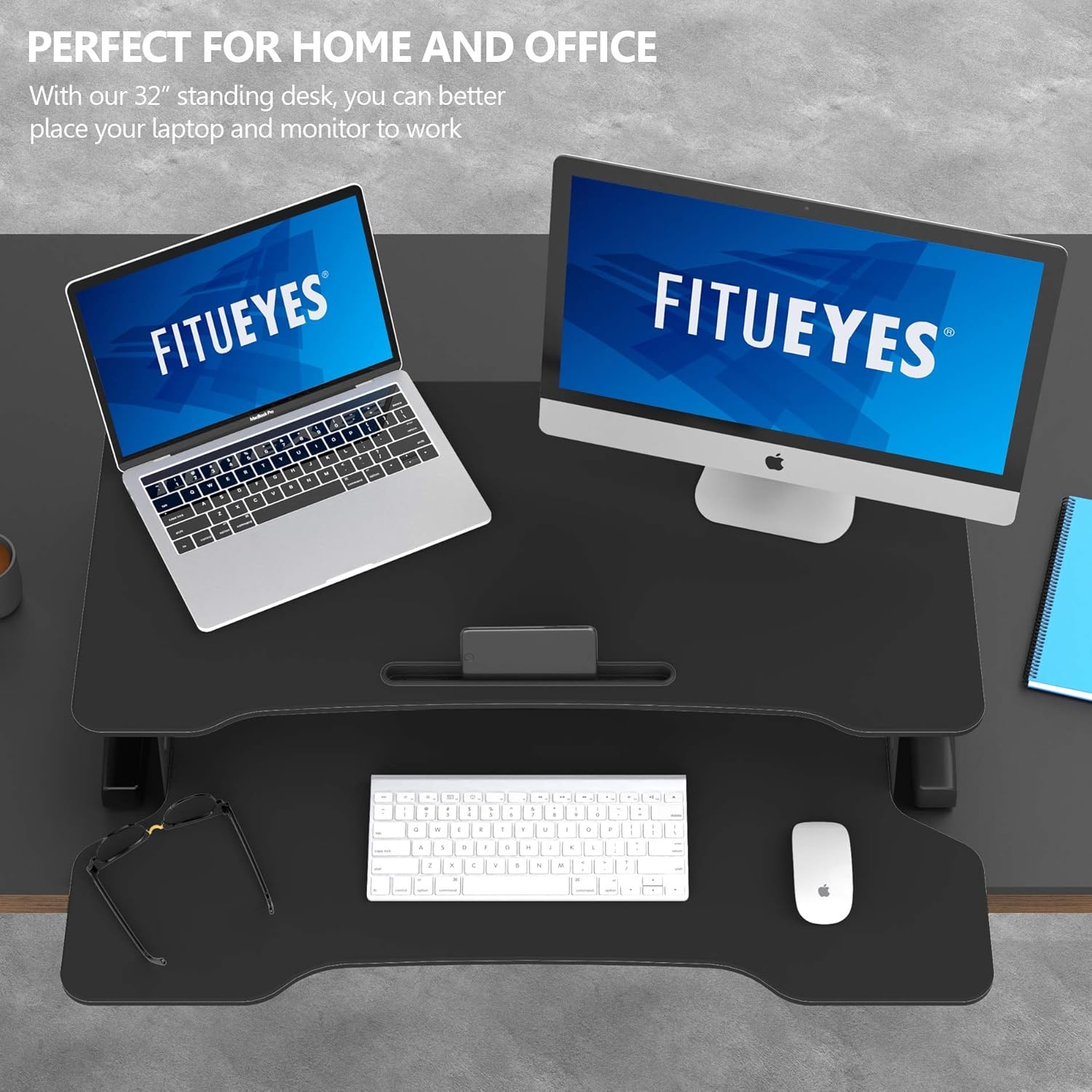 image:imageFITUEYES Height Adjustable Standing Desk 32 Wide Sit to Stand Converter Stand Up Desk Tabletop Workstation for Dual Monitor Riser FSD308001WBBlack