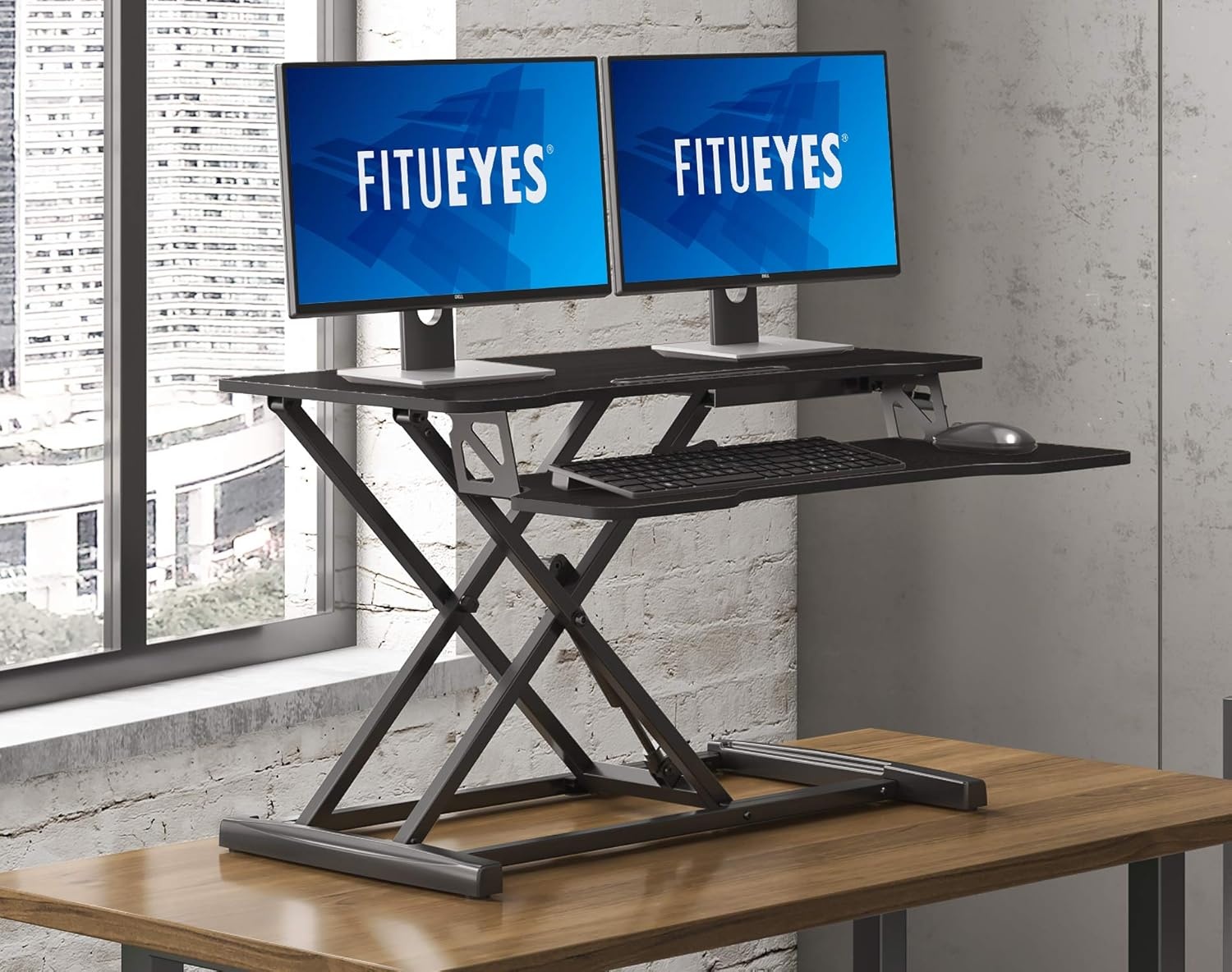 image:imageFITUEYES Height Adjustable Standing Desk 32 Wide Sit to Stand Converter Stand Up Desk Tabletop Workstation for Dual Monitor Riser FSD308001WBBlack