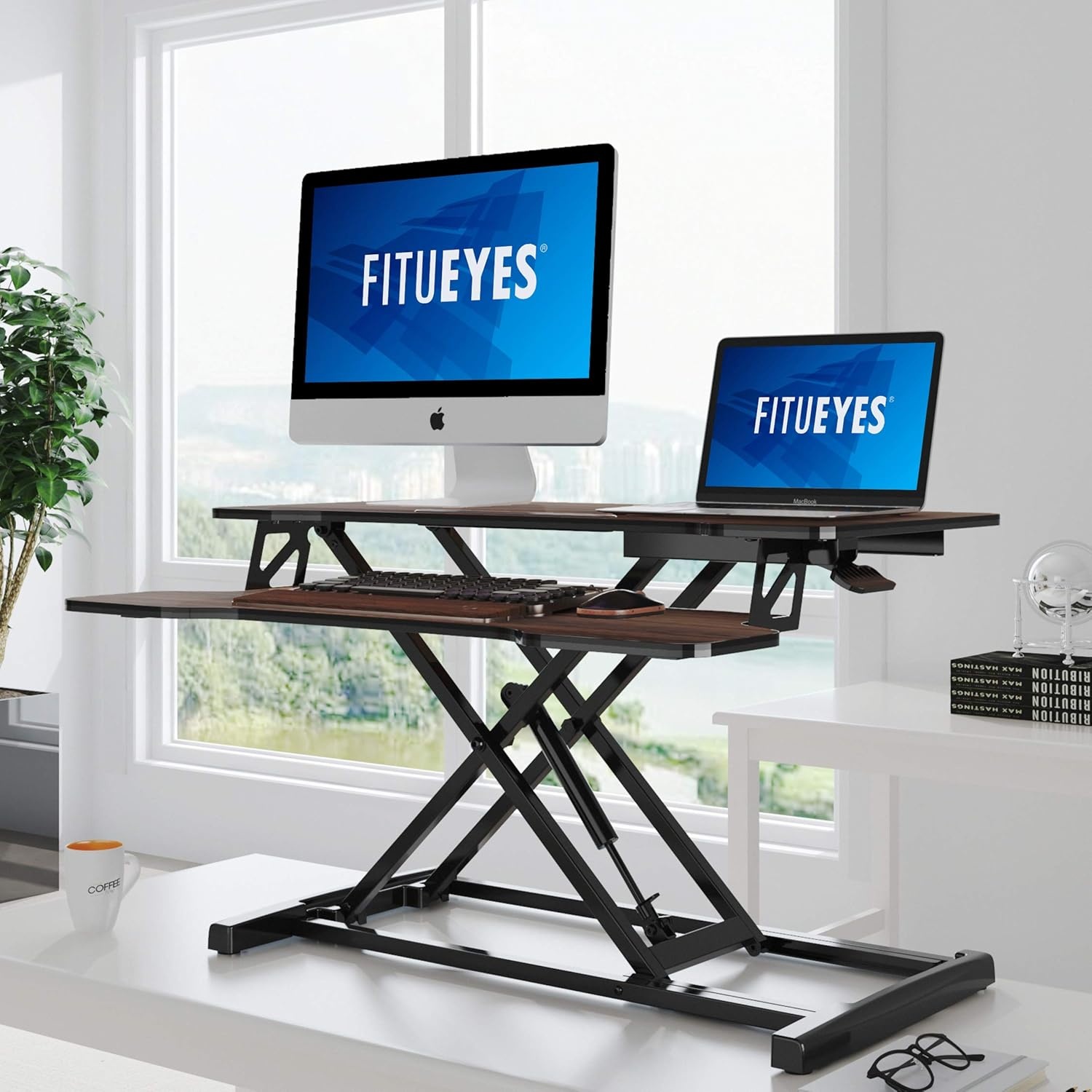 image:imageFITUEYES Height Adjustable Standing Desk 32 Wide Sit to Stand Converter Stand Up Desk Tabletop Workstation for Dual Monitor Riser FSD308001WBBrown