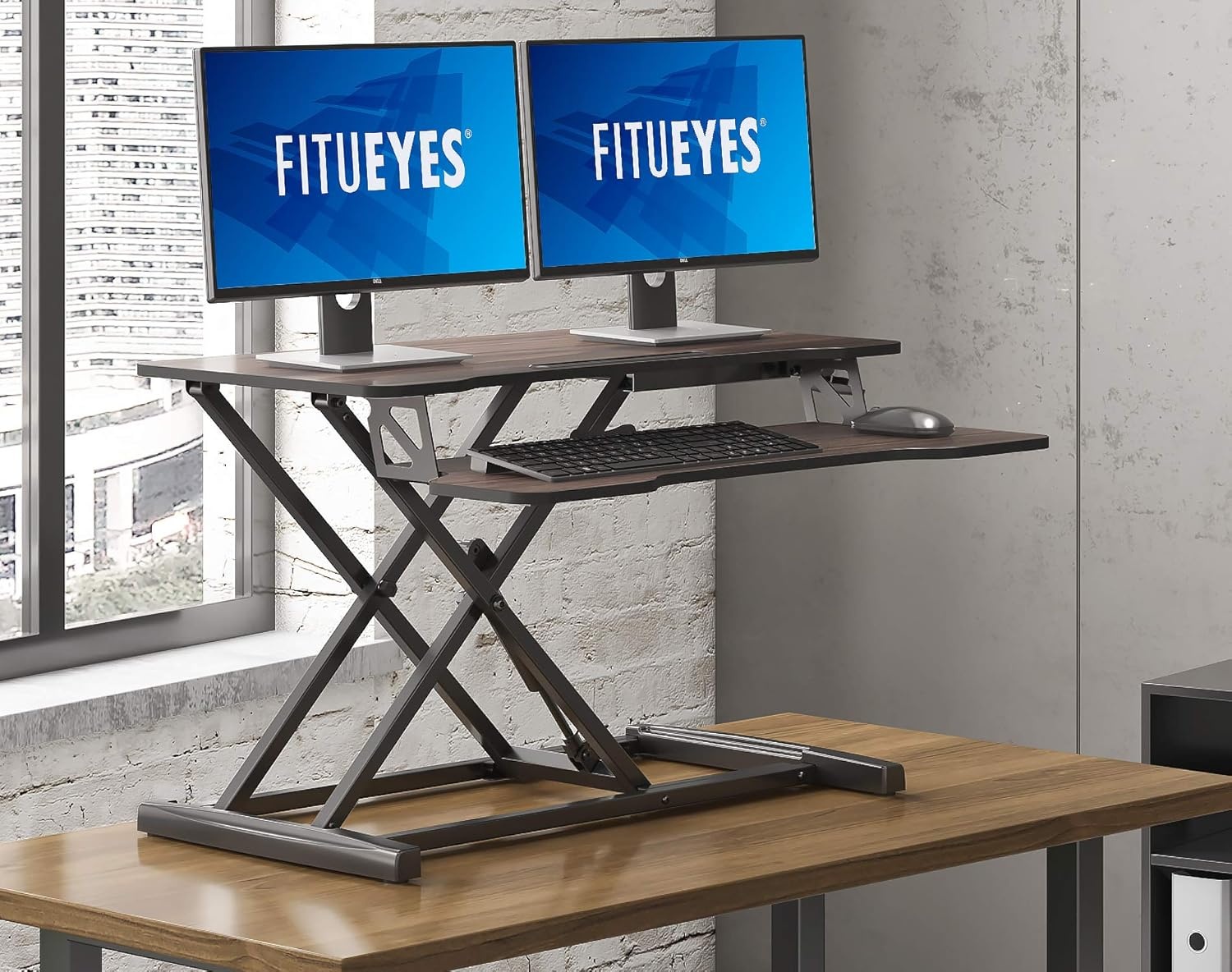 image:imageFITUEYES Height Adjustable Standing Desk 32 Wide Sit to Stand Converter Stand Up Desk Tabletop Workstation for Dual Monitor Riser FSD308001WBBrown
