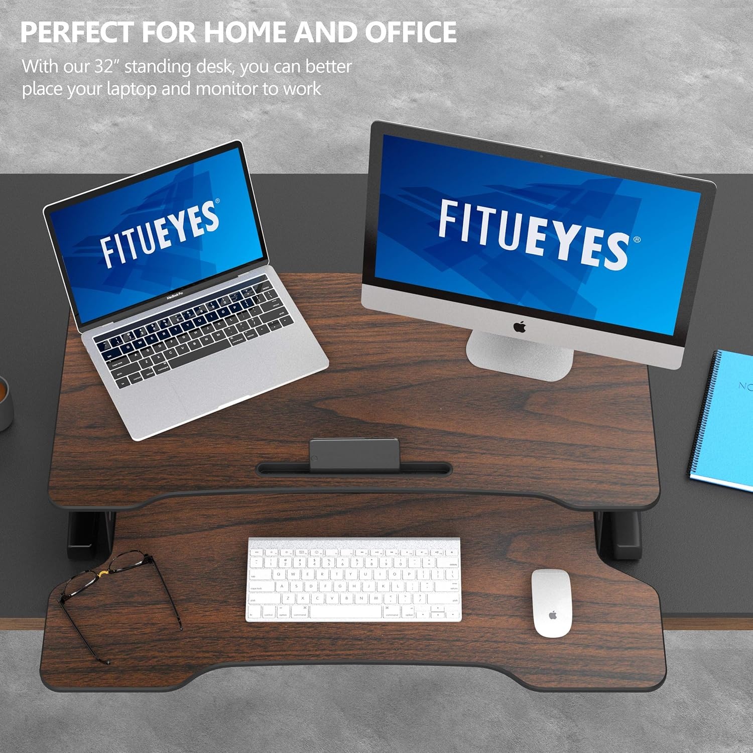 image:imageFITUEYES Height Adjustable Standing Desk 32 Wide Sit to Stand Converter Stand Up Desk Tabletop Workstation for Dual Monitor Riser FSD308001WBBrown