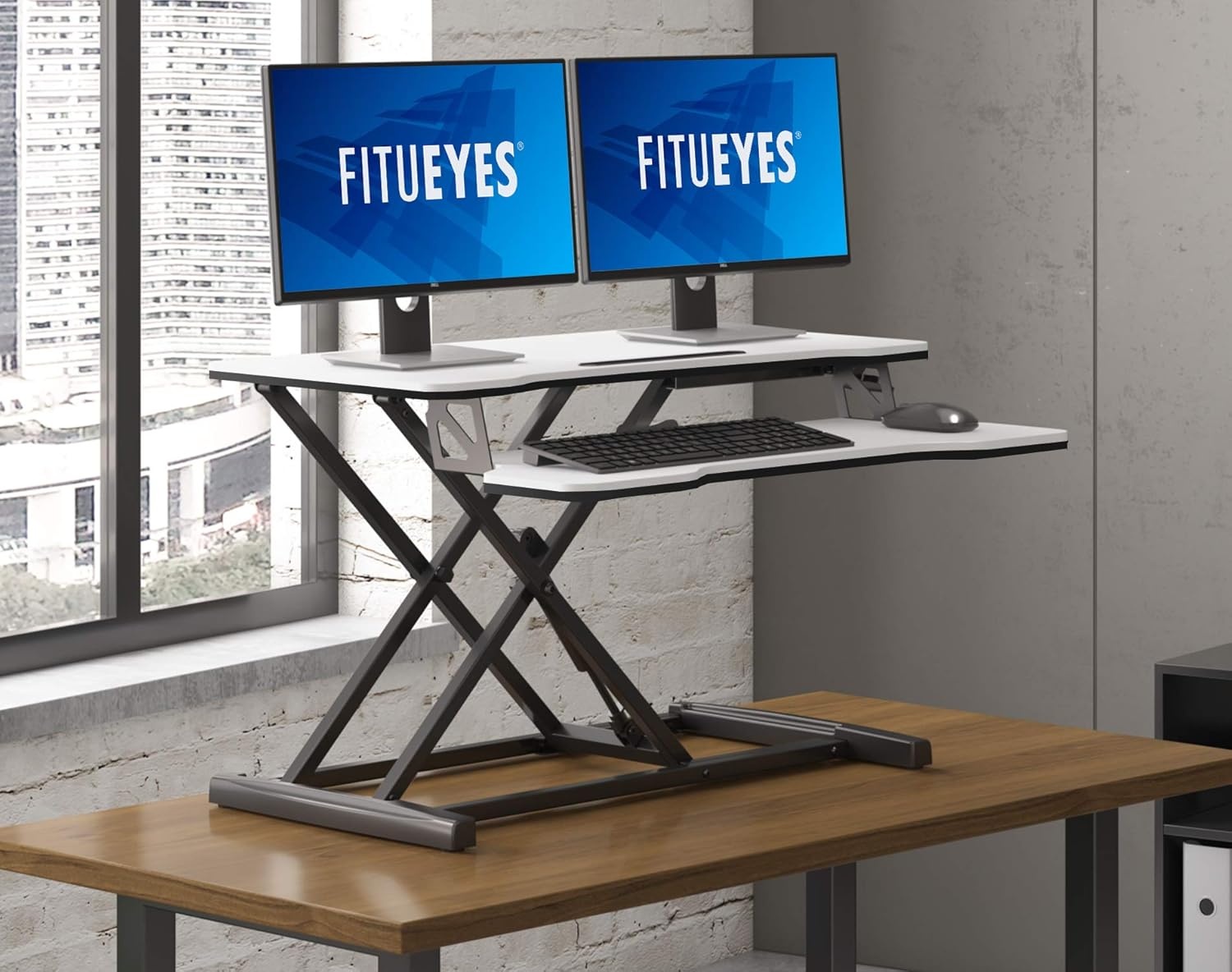 image:imageFITUEYES Height Adjustable Standing Desk 32 Wide Sit to Stand Converter Stand Up Desk Tabletop Workstation for Dual Monitor Riser FSD308001WBWhite