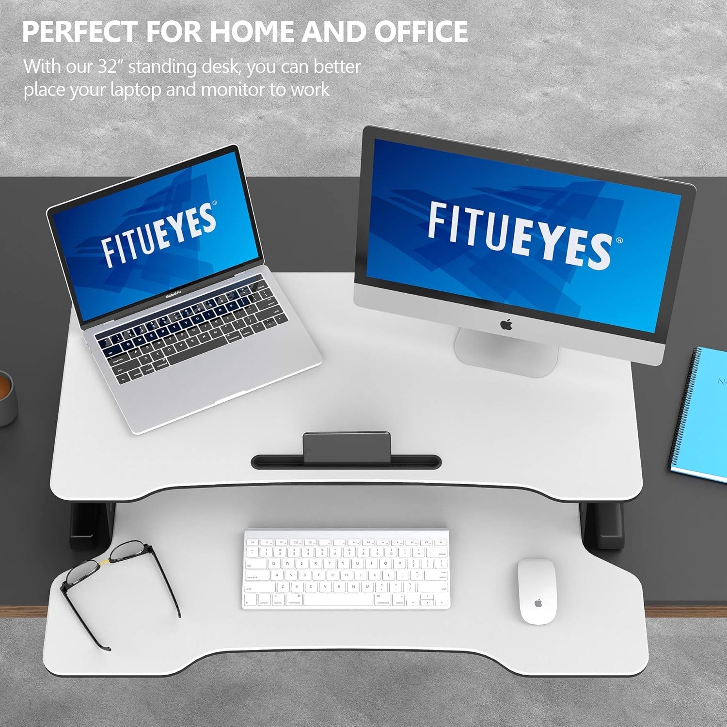 image:imageFITUEYES Height Adjustable Standing Desk 32 Wide Sit to Stand Converter Stand Up Desk Tabletop Workstation for Dual Monitor Riser FSD308001WBWhite