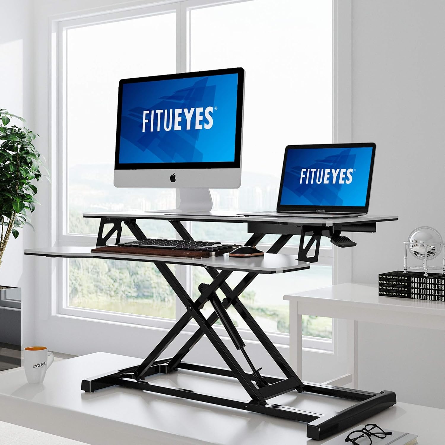 image:imageFITUEYES Height Adjustable Standing Desk 32 Wide Sit to Stand Converter Stand Up Desk Tabletop Workstation for Dual Monitor Riser FSD308001WBWhite