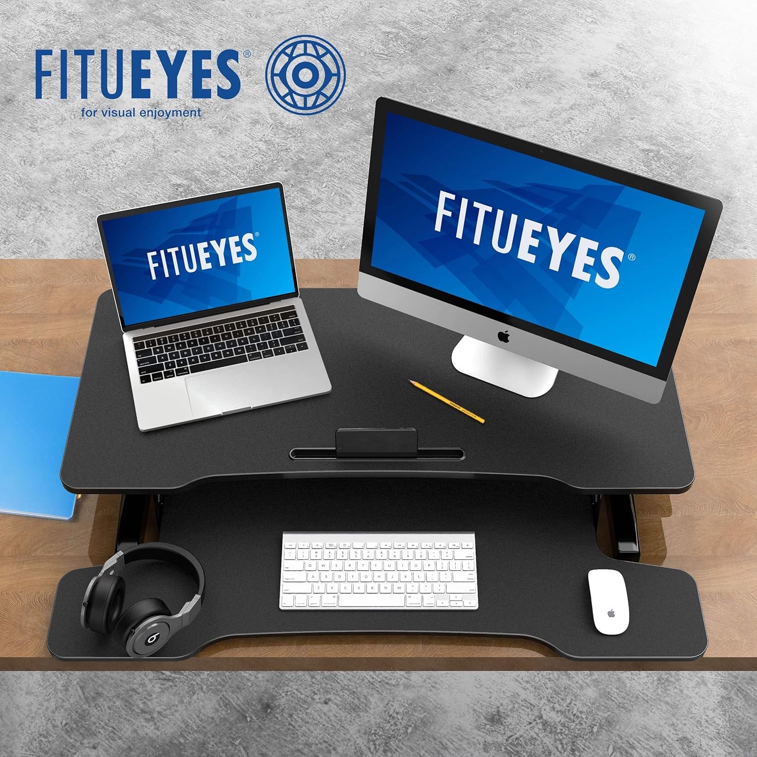 image:imageFITUEYES Height Adjustable Standing Desk 36 Wide Sit to Stand Converter Stand Up Desk Tabletop Workstation for Laptops Dual Monitor Riser Black SD309101WBBlack