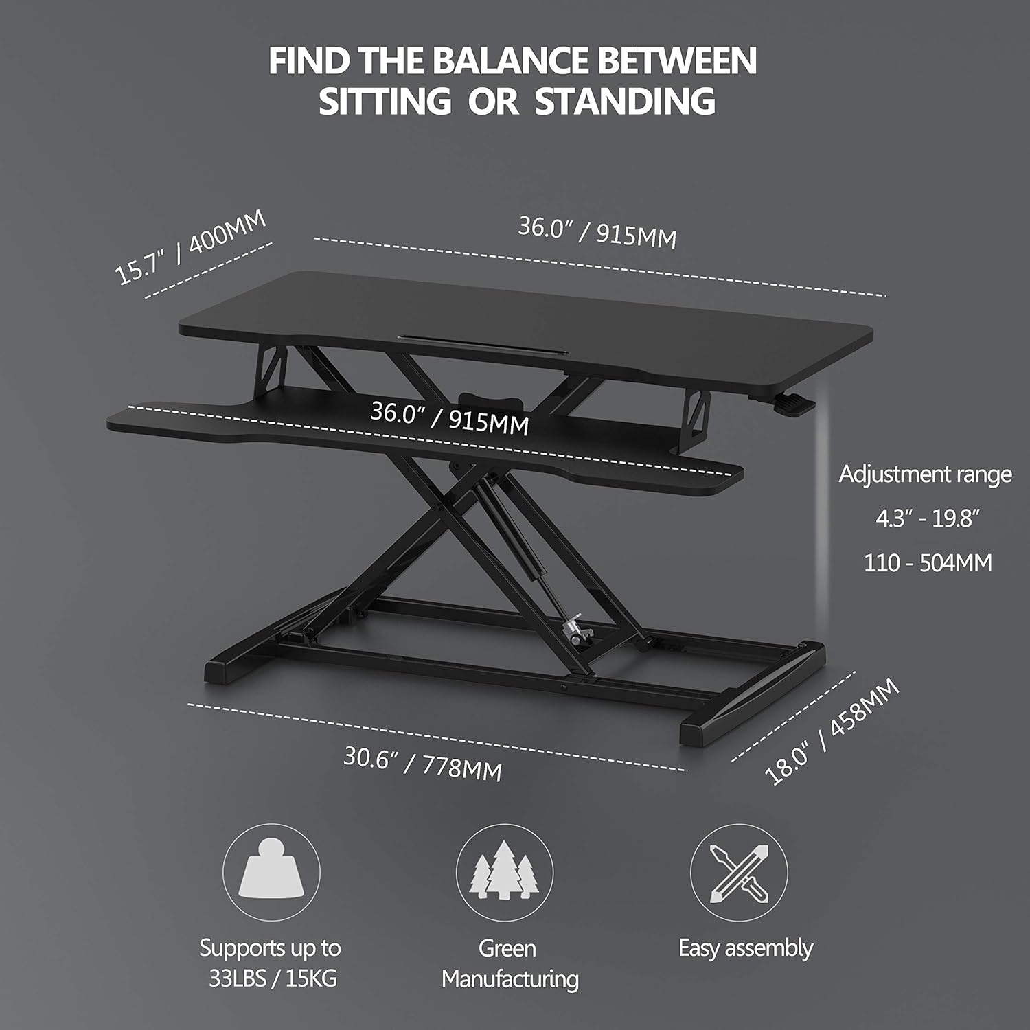 image:imageFITUEYES Height Adjustable Standing Desk 36 Wide Sit to Stand Converter Stand Up Desk Tabletop Workstation for Laptops Dual Monitor Riser Black SD309101WBBlack