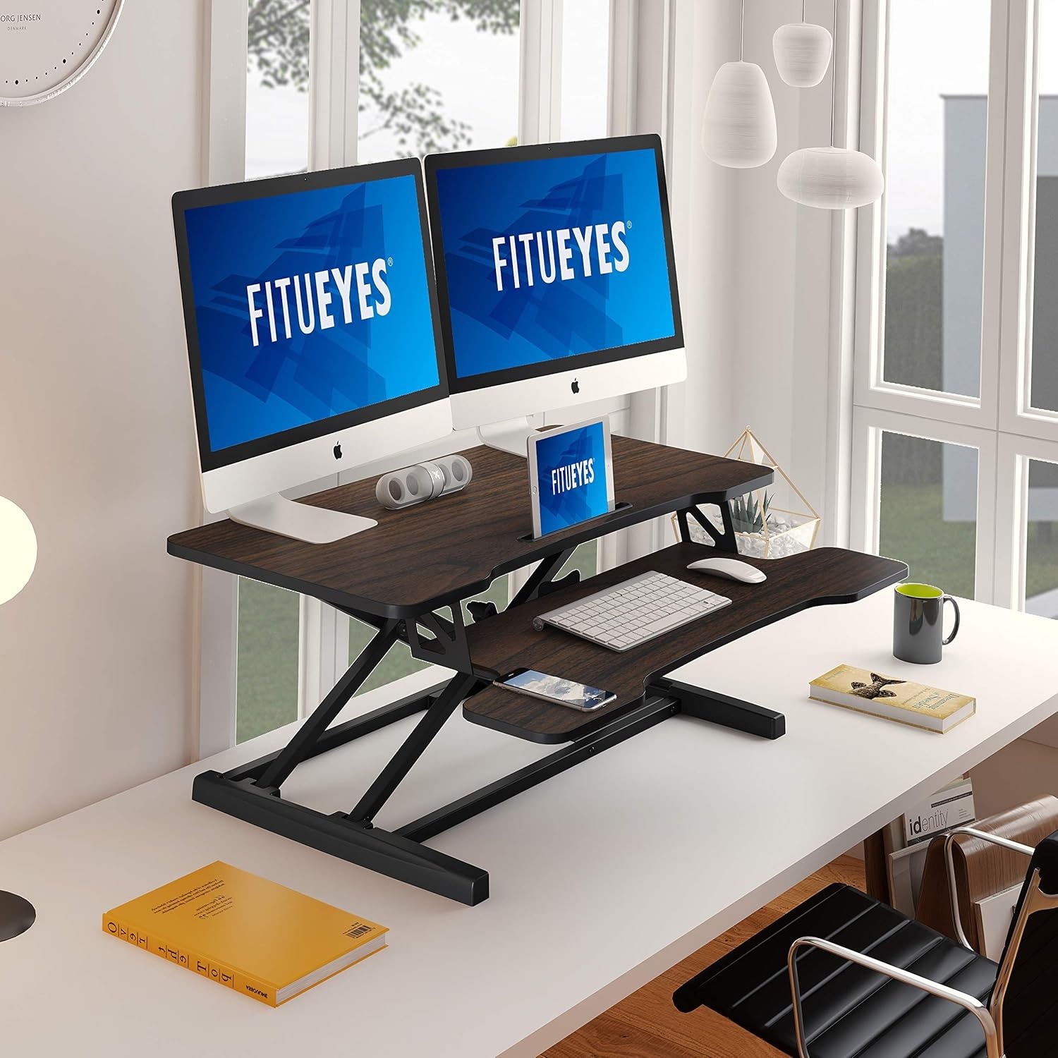 image:imageFITUEYES Height Adjustable Standing Desk 36 Wide Sit to Stand Converter Stand Up Desk Tabletop Workstation for Laptops Dual Monitor Riser Black SD309101WBBrown