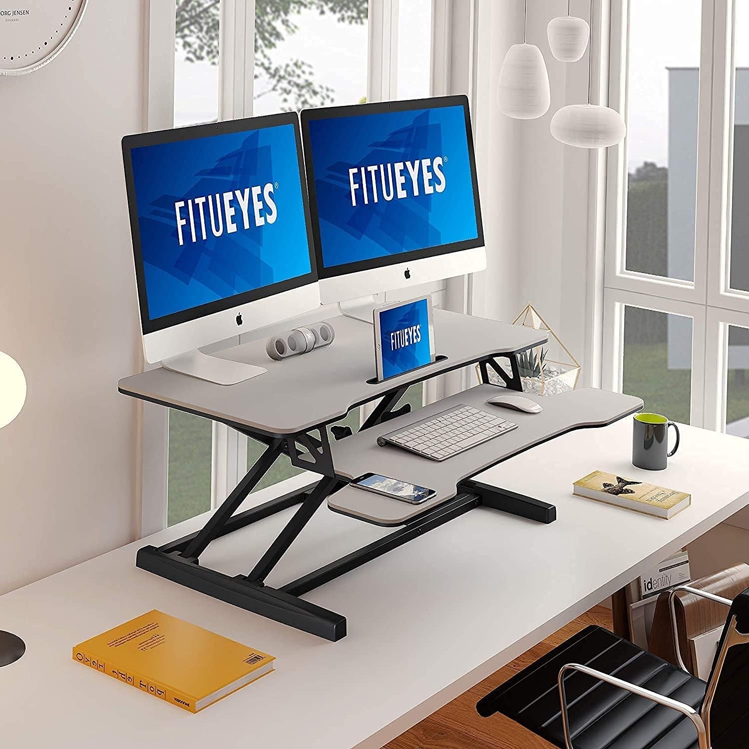 image:imageFITUEYES Height Adjustable Standing Desk 36 Wide Sit to Stand Converter Stand Up Desk Tabletop Workstation for Laptops Dual Monitor Riser Black SD309101WBWhite