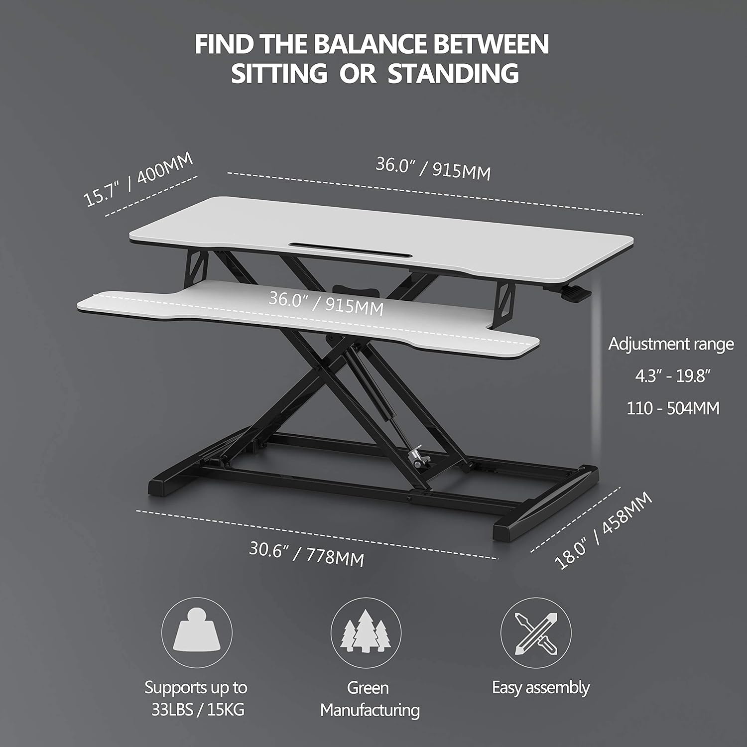 image:imageFITUEYES Height Adjustable Standing Desk 36 Wide Sit to Stand Converter Stand Up Desk Tabletop Workstation for Laptops Dual Monitor Riser Black SD309101WBWhite