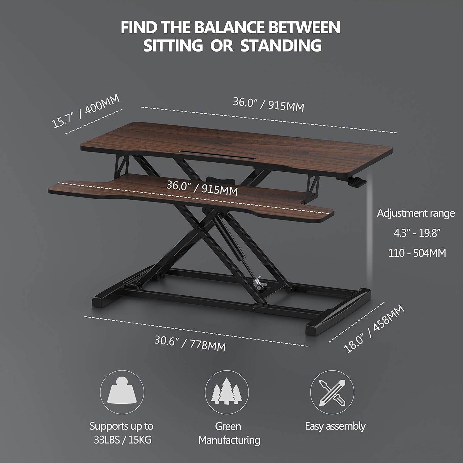 image:imageFITUEYES Height Adjustable Standing Desk 36 Wide Sit to Stand Converter Stand Up Desk Tabletop Workstation for Laptops Dual Monitor Riser Black SD309101WBBrown